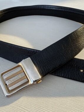 Vintage Christian Dior Black Leather Belt Gold Silver Plaque Buckle Small